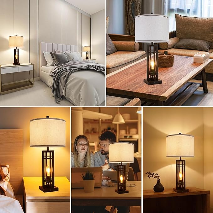 27" Touch Control Farmhouse Table Lamps, Set of 2 Tall Rustic Table Lamps 2-Light Design with USB A+C Ports, Bedside Lamps with Cream Shade for Living Room Home Office, 4 LED Bulbs Included