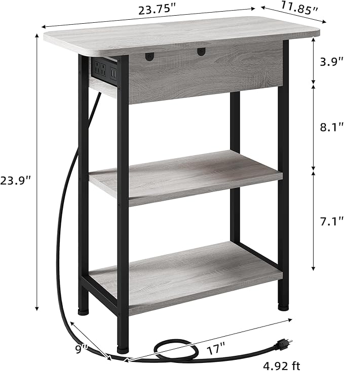 LIDYUK End Table with Charging Station, Set of 2 Flip Top Narrow Side Table for Small Spaces, Nightstands Set of 2 for Bedroom, End Tables Living Room with Storage Shelves, Light Grey
