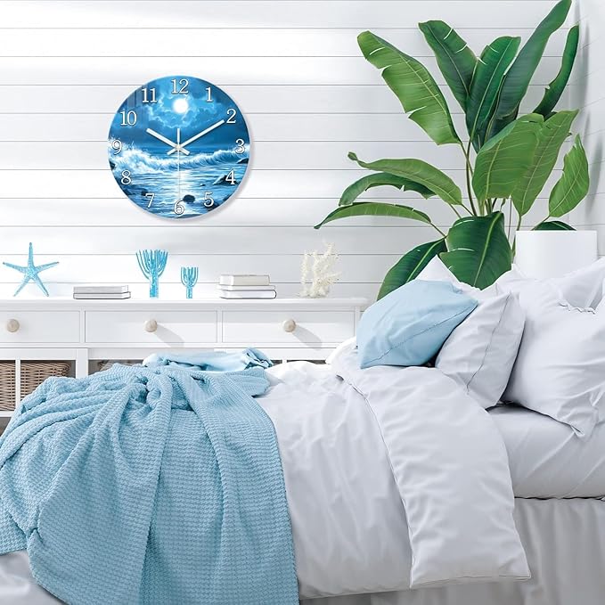 XFM Blue Wall Clock Battery Operated 12 Inch Silent Non-Ticking Glass Clocks Moon Ocean Wave Round Clocks for Kitchen Bedroom Bathroom Decor