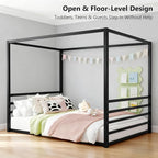 Canopy Floor Bed for Kids – Full Size, Matte-Black Steel Frame with Safety Fence, Unisex Design for Boys & Girls, Box Spring Required, Quick Assembly (Full)