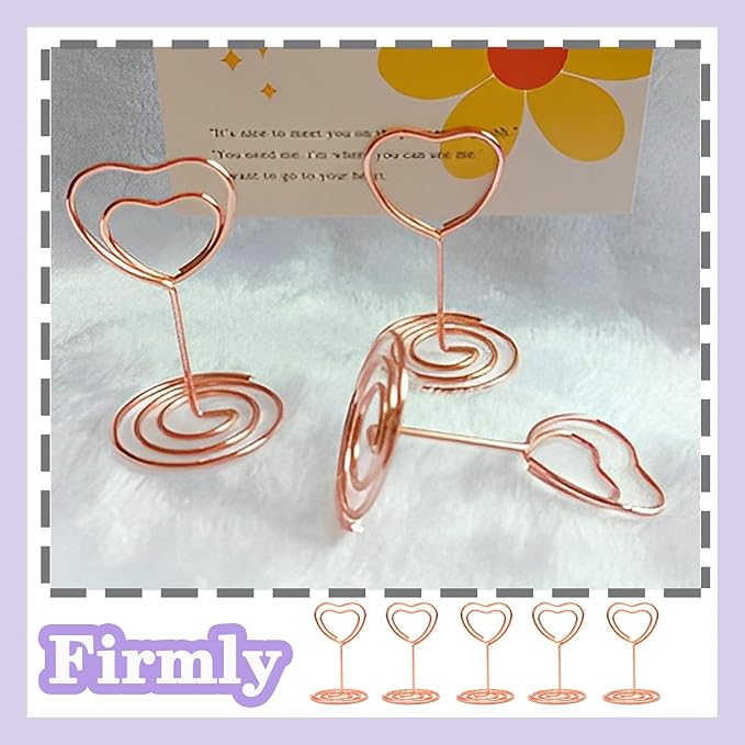 CUNGLIN Table Number Holders Place Card Holder Stand 20 Pack, Gold Heart Shape Holder for Wedding Party Mini Photo Playing Cards Holder Picture Menu Memo Clips