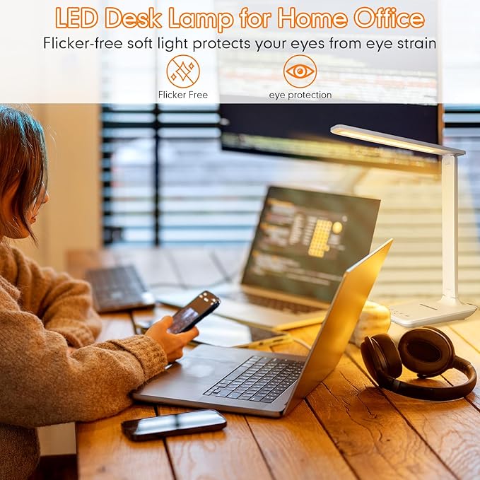LED Desk Lamp Dimmable Table Lamp with USB Charging Port, 5 Lighting Modes, Sensitive Control, Foldable Portable Desk Light for Home Office Bedroom Reading (White-Pro, Standard Size - 13.3 inch)
