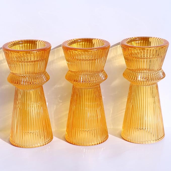 VOHO Vintage Ribbed Taper Candle Holders Set of 3, Boho Amber Candle Sticks Holder Decor Fall Centerpieces for Tables Thanksgiving, Minimalist Tapered Candlestick Holders for Tea Light & Taper Candles