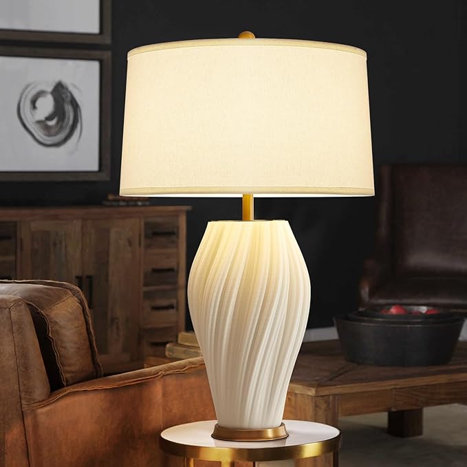 Plug in White Large Ceramic Table Lamps 26.75In, Modern Textured Table Lamp Decorative for Living Room Bedroom Nightstand Bedside Office Desk