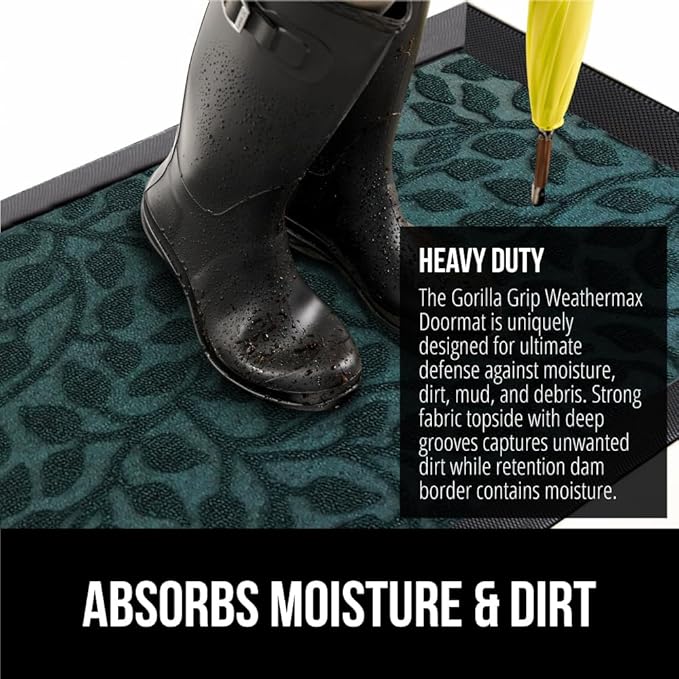 GORILLA GRIP 100% Waterproof All-Season WeatherMax Doormat 35x23, US Designed Natural Rubber, Stain and Fade Resistant, Low Profile Indoor Outdoor Door Mats, Easy Clean Patio Mat, Moss Vine Leaves