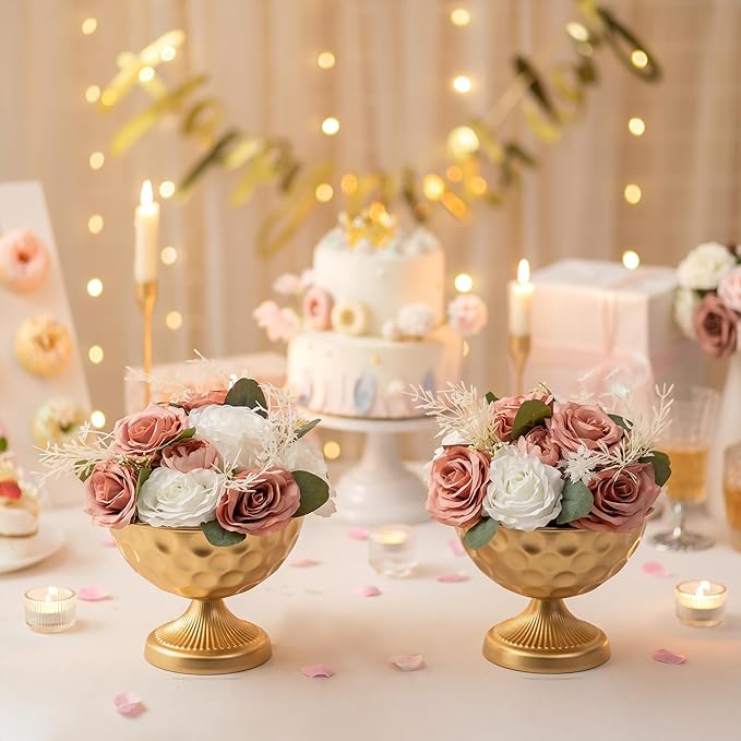 Sziqiqi Gold Metal Vases for Wedding Centrepiece: 6.1in 2Pcs Hammered Urn Vase Bowl Compote Vase for Flower Decorations