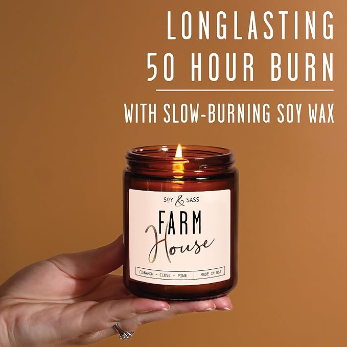 Fall Candles - 'Farmhouse' Autumn Scented Soy Candles for Home, w/Cinnamon, Clove & Pine I Infused with Essential Oils I Farmhouse Décor, 9oz Reusable Jar, 50Hr Burn, Made in USA