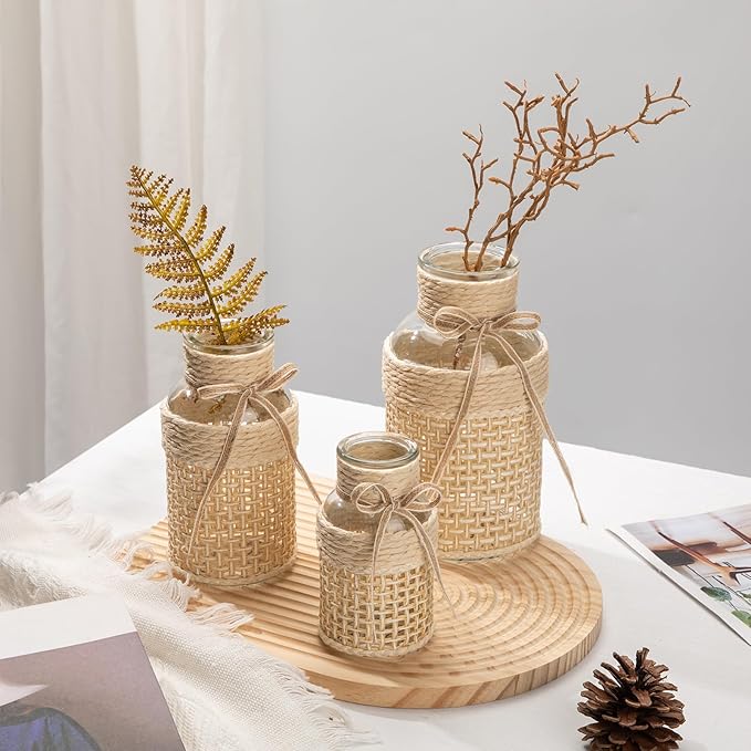 Hollyone 3Pcs Flower Vase Glass Vase with Cotton Rope Cover Woven Glass Vase Decorative Flower Bottle Modern Vase for Table Centerpiece Farmhouse Wedding Home Decor