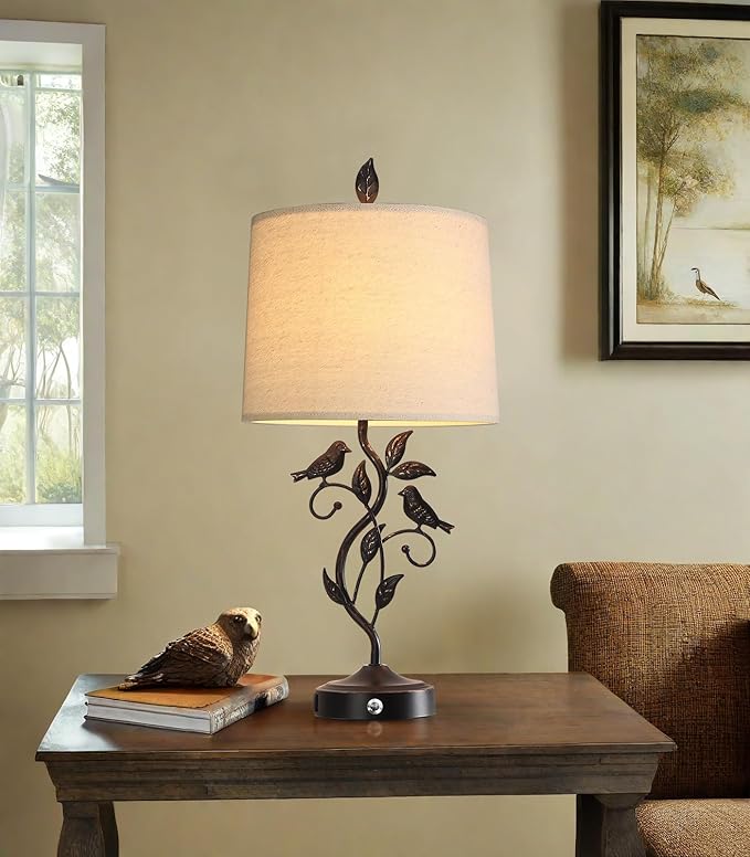 27" Touch Farmhouse Table Lamps for Living Room with 3-Way Dimmable 2 USB Ports, Vintage Rustic Iron Leaf Nightstand Lamp for Bedroom, LED Bulb Included