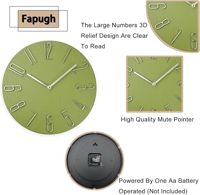 Wall Clock, Silent Clock, Wall Clocks Battery Operated， 12 inch Modern Wall Clock, Suitable for Offices, Living Rooms, Kitchens, Homes, Schools (Yellow Green Without Second Hand)