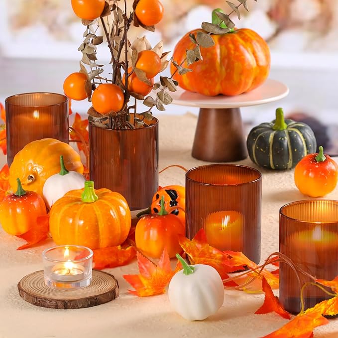 Amber Glass Cylinder Vases for Centerpieces, Set of 6 Small Vases for Flowers, Ribbed Flower Vases Fall Wedding Table Decor for Hurricane Floating Candle Holder, Bud Vases for Home Party Decor, 4"