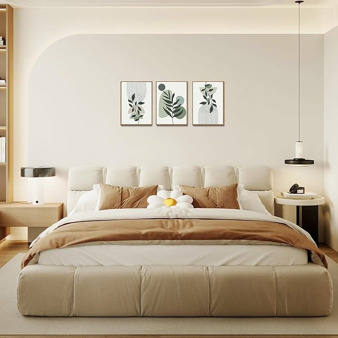 Bwodke Boho Wall Art, Framed Abstract Wall Art, Botanical Canvas Wall Decor, Mid Century Line Leaf Geometric Pictures Set of 3, Minimalist Paintings, for Bedroom Living Room Bathroom 12"x16"