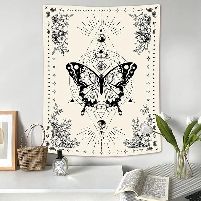 Lunerfex Boho Butterfly Tapestry Small Tapestry Tarot Tapestries Moon Phase Aesthetic Tapestries Wall Hanging for Bedroom and Living Room Decor Butterfly 36×48 Inches