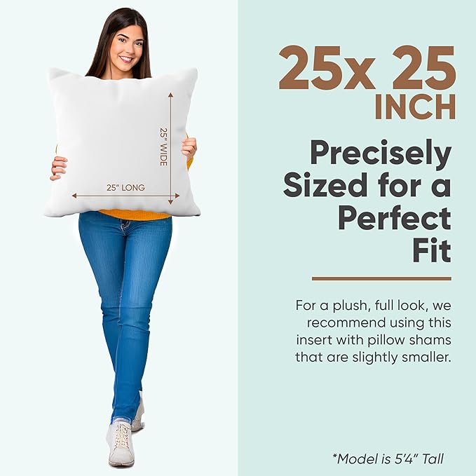Pillowflex Synthetic Down Pillow Insert - 25x25 Euro Down Alternative, Ultra Soft Large Square European Throw Pillow, Bed Sham- 1 Decorative Form