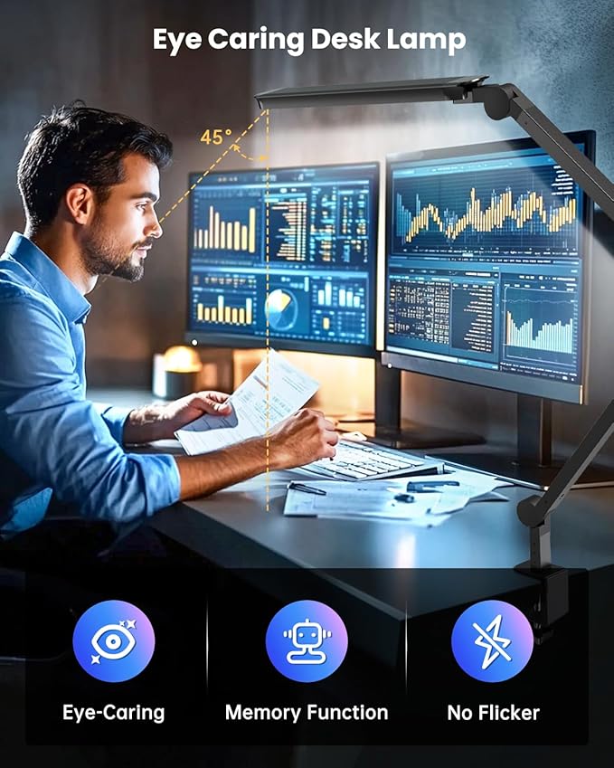 LED Desk Lamp with Clamp, Ultra-Bright Dual Light Architect Desk Light with Adjustable Swing Arm, Eye-Caring 4 Color Modes Stepless Dimming Task Table Lamp for Home Office Reading Study & Workbench