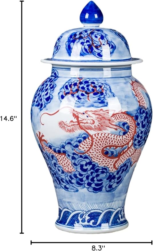 Chinese Ceramic Jar Ginger Jars with Lids for Home Décor Hand Painted Dragon Blue and White Porcelain Underglazed Red Vase Ornaments from Jingdezhen