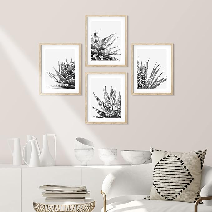SIGNWIN Framed Black White Snake Plant Agave Cactus Succulent Wall Art, Set of 4 Floral Botanical Wall Decor Prints, Nature Wilderness Wall Décor for Living Room, Bedroom - 8"x10" Natural