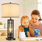 27" Touch Control Farmhouse Table Lamps, Set of 2 Tall Rustic Table Lamps 2-Light Design with USB A+C Ports, Bedside Lamps with White Shade for Living Room Home Office, 4 LED Bulbs Included