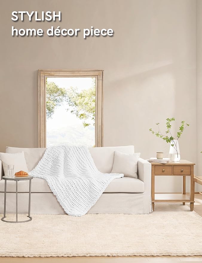 YnM Chunky Throw Blanket, Medium-Weight, Hand Knitted with Chenielle Yarn, Skin Friendly, Ventilated and Breathable, Machine Washable, Home Décor Piece for Couch, Sofa and Bed (White, 50x60 Inch)