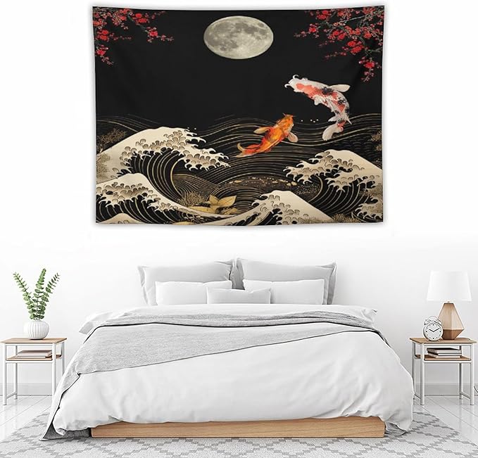 Houselerax Koi Fish Tapestry, Japanese Style Yin Yang Big Wave Cherry Blossom Tapestries Wall Hanging for Bedroom Living Room Office Decor 40"x30"