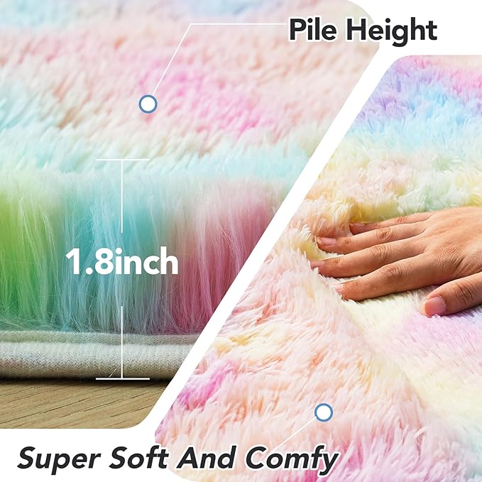 Round 5x5 ft Fluffy Rainbow Rug: Ultra Soft Furry Girls Bedroom Carpet- Colorful Oval Plush Shag Nursery Rug for Girls Room & Kids Room, Cute Home Decor