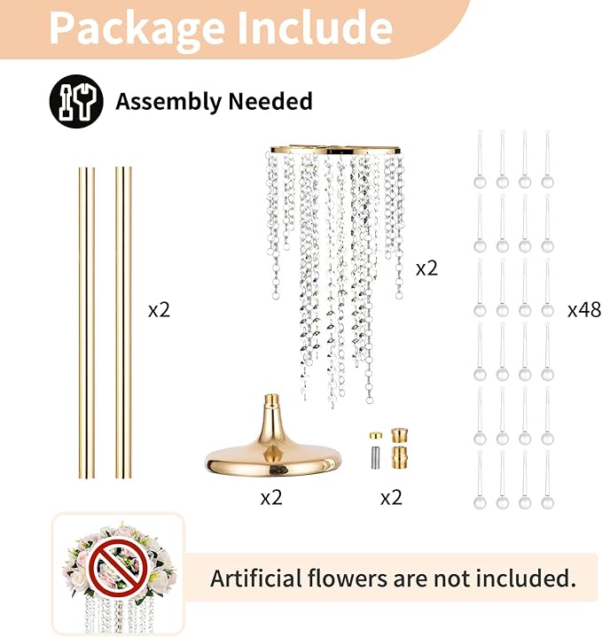 NUPTIO Wedding Centerpieces Gold Vases: 2 Pcs 21.7in Tall Crystal Flower Vase Metal Flowers Stand for Party Tables Decorations - Elegant Bulk Weddings Decoration Table Chandelier Centerpiece Stands