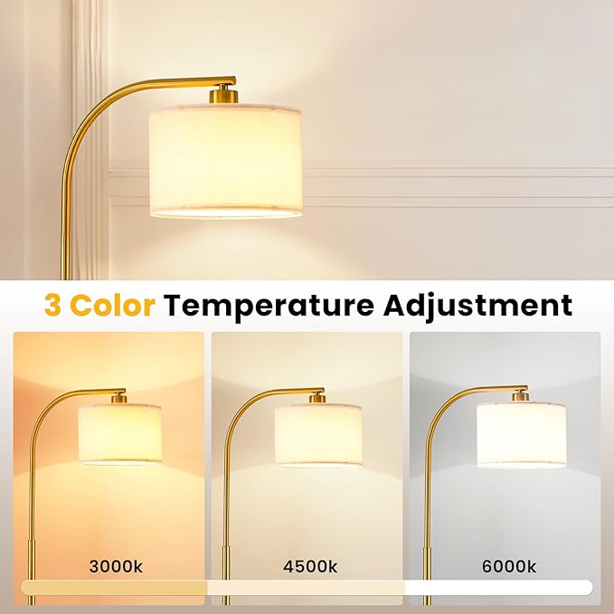 Tall Floor Lamp for Living Room,65'' Modern Standing Lamps with 9W LED Bulb,Dimmable Floor Light with Fabric Shade,Gold Tall Lamp for Bedroom Office Study Room Corner Dining Room
