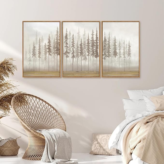 SIGNINART Large Pine Tree Framed Canvas Wall Art Set, Foggy Forest Landscape Wall Decor, Modern Beige Nature Artwork, Misty Forest Wall Painting for Living Room, Bedroom,Office 16 x24 x3