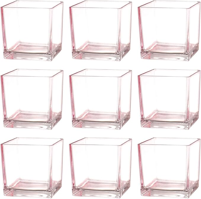 Square Glass Vases Set of 9, 4"x 4"x 4" Flower Vases for Centerpieces, Pink Glass Vase for Flowers, Small Vase for Wedding, Party, Home Office Decoration