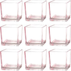 Square Glass Vases Set of 9, 4"x 4"x 4" Flower Vases for Centerpieces, Pink Glass Vase for Flowers, Small Vase for Wedding, Party, Home Office Decoration