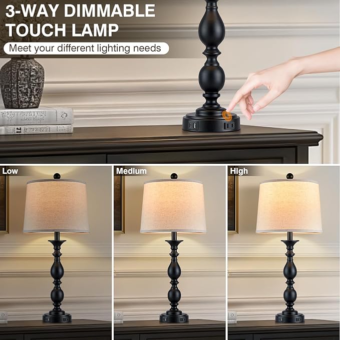 28" Tall Modern Table Lamps Set of 2 with USB C+A Ports and AC Outlet, 3 Way Touch Metal Bedside Lamps for Living Room, Black Farmhouse Nightstand Lamps for Bedroom