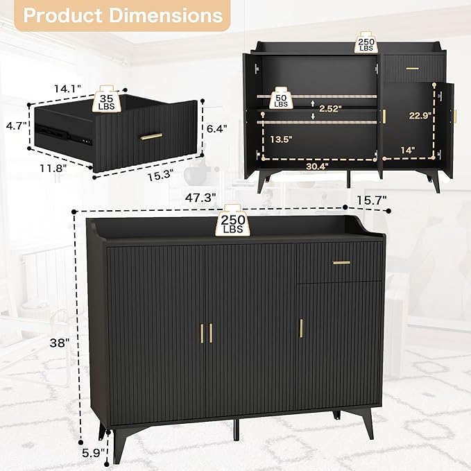 Sideboard Buffet Cabinet with Drawers: 47" Black Fluted Sideboard Cabinet with Drawers and 3 Doors, Modern Wood Credenza Storage Cabinet, Large Accent Cabinets for Living Room (47")