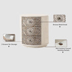 HOMPUS Round End Table with Carved Floral Pattern, Vintage Nightstand w 3 Storage Drawers, Modern 3 Drawer Dresser, Wood Retro Accent End Table for Living Room, Bedroom, Distress White