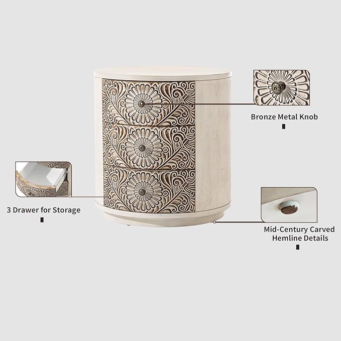 HOMPUS Round End Table Set 2, Fully Assembled Nightstand w 3 Storage Drawers, Farmhouse Wood Dresser Set of 2, Vintage Nightstand Bedside Tables, Aceent End Tables for Bedroom, Rustic White