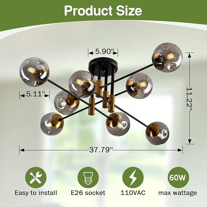 SZXYKEJI 8 Light Glass Globe Ceiling Light Black and Gold Mid Century Flush Mount Sputnik Light Fixture Bubble Chandelier Living Room Farmhouse for Dining Room Kitchen Bedroom.