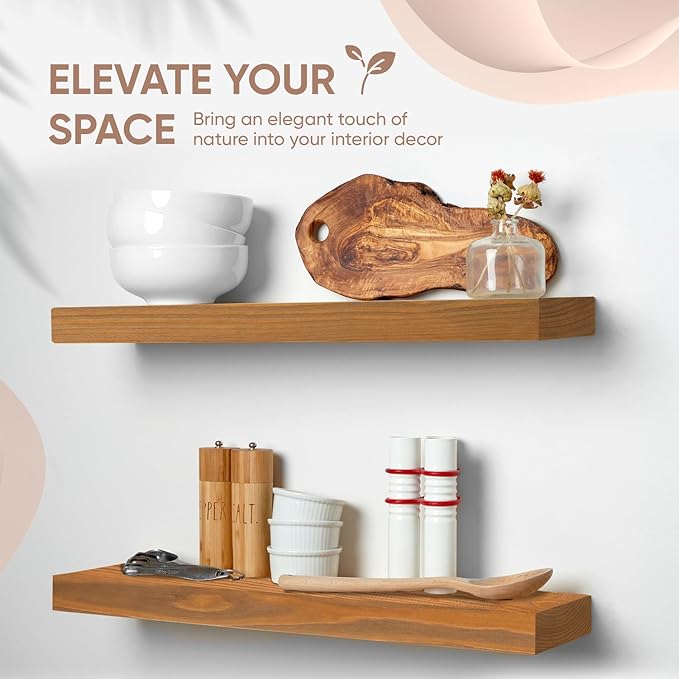 Homeforia 24 inch Golden Oak Floating Shelf, High End Solid Real Wood 24inch Small Floating Shelves for Wall Mounted, Oak Wooden 24in Floating Shelves, Heavy Duty Bracket, 24 X 6.5 X 1.75 in, Set of 3