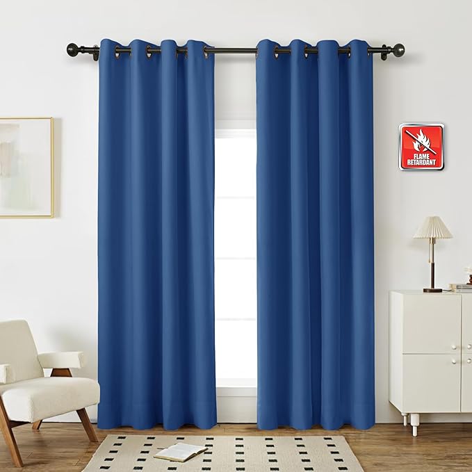 Fcosie Room Darkening Fireproof Curtains - Extra Wide Flame Retardant Drapes - Antique Bronze Grommet Top - 80% Blackout Fire Protection Drapery - Privacy Add Draperies, 2 PCS, 120" Wx84 L, Blue