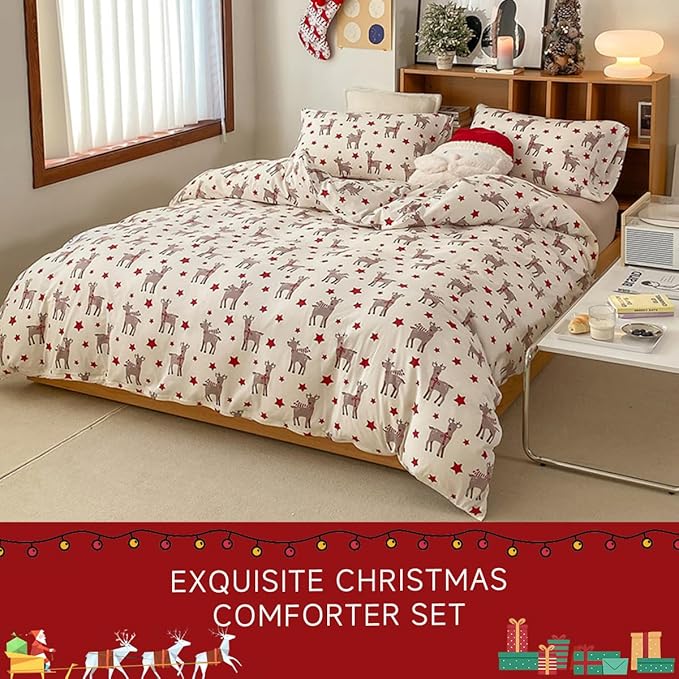 Christmas Comforter Set Queen Size, Christmas Bed Set with Reindeer Stars Red Bedding Set for Holiday, 3 Pieces 1 Super Soft Comforter and 2 Pillowcase