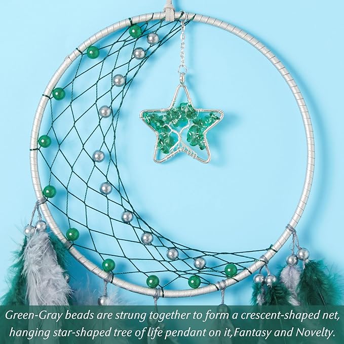 Dreamlike Moon Dream Catchers Wall Decor Crescent Dream Catcher with Crystal Stone Star Shaped Tree of Life Pendant Handmade Green Feather Dreamcatchers Wall Hanging for Girls Bedroom Wedding Gift