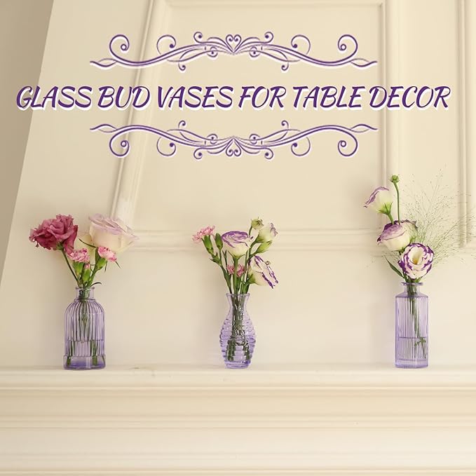 Glass Bud Vases Set of 12, Small Purple Vase Glass Vases for Flowers Modern Ribbed Colored Bud Vase for Decor Wedding Flower Vase in Bulk Vintage Decor Bridal Shower Centerpieces Home Table Decoration