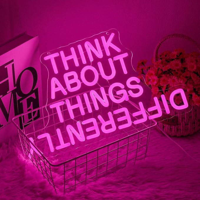 Think About Things Differently Neon Sign, Dimmable Office Neon Light, Pink Letter LED Light Up Sign for Classroom, Bedroom, Office, Study Room, Library Decoration