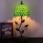 Small Tiffany Lamp Stained Glass Table Lamp Metal Leaf Accent Desk Memory Lamp Sympathy 8X20 Inch (Green Wisteria Leaves Style)