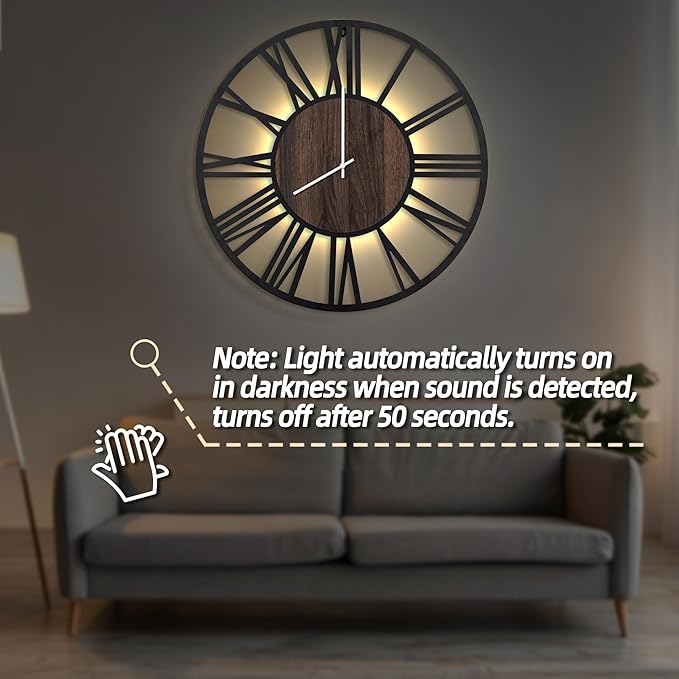 LEIKE Large Wall Clocks with Night Light Battery Operated,Silent Non Ticking,Rustic Modern Big Wood Clock for Living Room, Bedroom,Kitchen,Farmhouse,Office,Home Decor-30 Inch(Roman Numerals)
