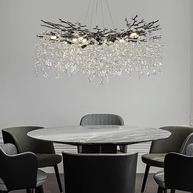 Modern Black Crystal Tree Branch Chandelier,14-Light 40" Black K9 Crystal Chandeliers for Living Room, Round Chandelier for Dining Room,High Ceiling,Kitchen Island,Foyer,Staircase
