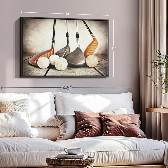 Elephant Stock Golf Sets Wall Art - Horizontal Framed Canvas - 1-Piece Mancave Wall Decor - Photography Sports Canvas Print - Yellow and Brown Decor for Wall - 31" X 21"