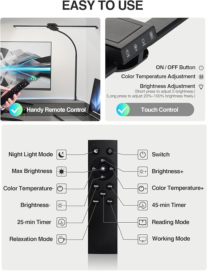 Desk Light with 5 Color+9 Brightness，Desk Lamps for Home Office, 1200 Lumen & 108 LED Desk Lamp, Remote Control+Timer Monitor Light, Clamp Lamp for Desk, Computer, Reading, Study, Workbench