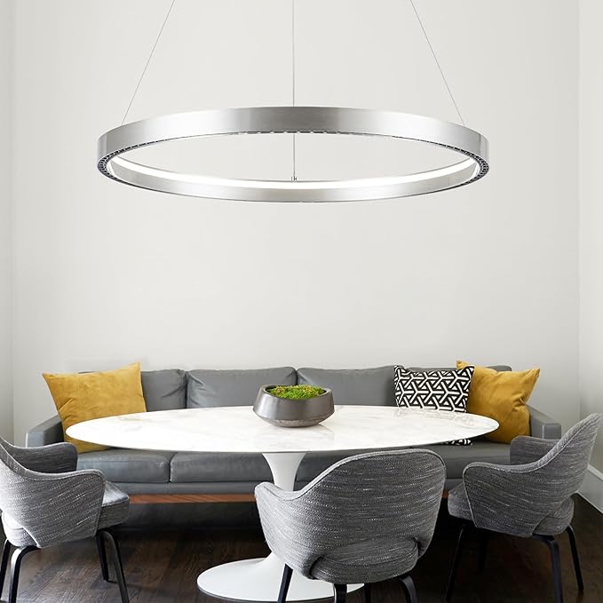 Modern Led Pendant Light,1 Ring Modern Circular Chandelier Dimmable Hanging Pendant Lighting for Living Room Dining Room Kitchen Island Foyer Office, 3000-6000K Brush Nickel