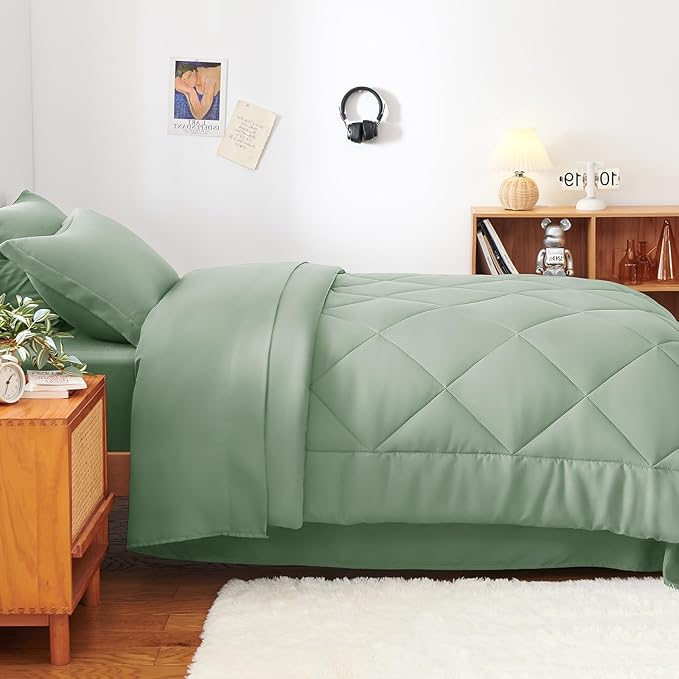CozyLux Twin XL Comforter Set Sage Green - 5 Pieces Twin Extra Long Bed in a Bag for College Dorm, All Season Bedding Set for Girls and Boys, Soft Bed Set with Comforter, Sheets, Pillowcase & Sham