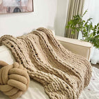 Chunky Knit Blanket Throw 48"x71", Chenille Throw Blankets, Handmade Warm & Cozy Blanket Couch Bed Home Decor, Soft Breathable Fleece Banket, Christmas for Couch Bed Sofa Best Gift (Tan)