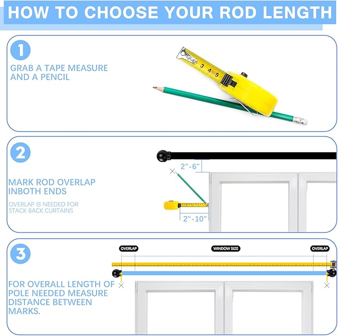Curtain Rods for Windows 16 to 120 Inches, Curtain Rod Max Adjustable Length of 132 IN, 6/8" Diameter Drapery Rods Round Finials, Black, Pack of 2